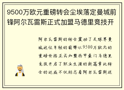 9500万欧元重磅转会尘埃落定曼城前锋阿尔瓦雷斯正式加盟马德里竞技开启新篇章 9500万欧元重磅转会尘埃落定曼城前锋阿尔瓦雷斯正式加盟马德里竞技开启新篇章