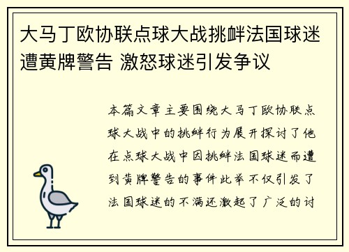 大马丁欧协联点球大战挑衅法国球迷遭黄牌警告 激怒球迷引发争议
